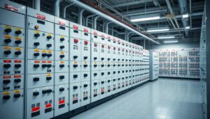 Industrial switchgear cabinets in a plant room