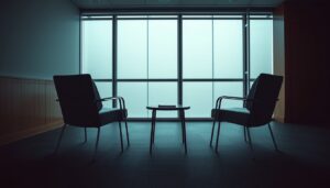 Two chairs facing across a small meeting table