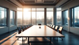 Empty boardroom with long table and chairs