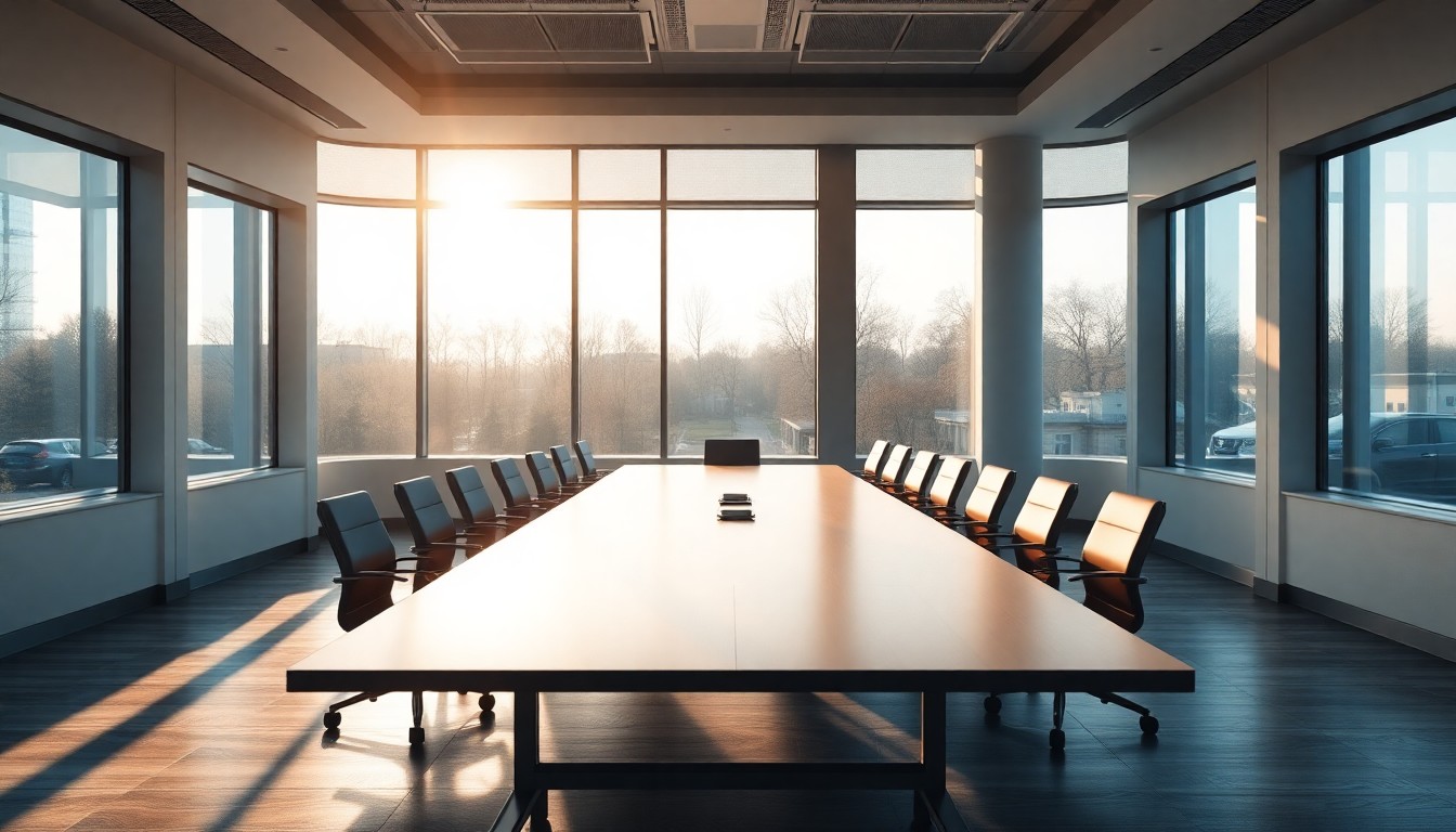 Empty boardroom with long table and chairs