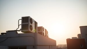 Rooftop air conditioning units on a building