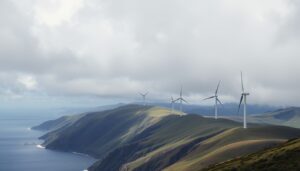 Wind turbines on a coastal ridgeline