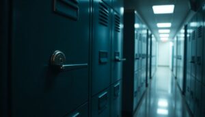 Locked metal filing cabinet in a corridor