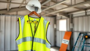 High visibility vest and hard hat in a site shed