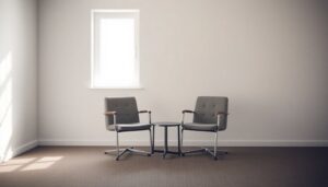 Empty interview room with two chairs and a table