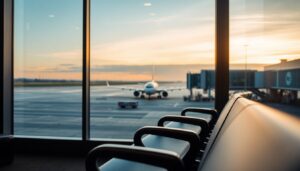 Airport gate window with an aircraft at dawn