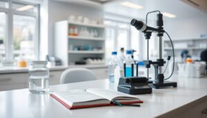 Laboratory bench with glassware and instruments