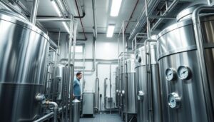 Stainless steel food processing plant interior