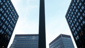 Two identical office buildings viewed from below