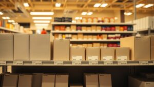 Retail shelf with plain boxes and blank price cards