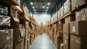 Opened cartons restacked in a warehouse aisle
