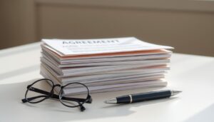 Bound agreements beside glasses and a pen