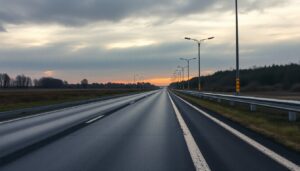 Rural highway at dusk with marker posts