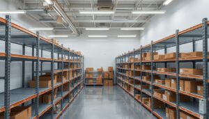 Empty retail stockroom with metal shelving