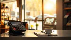 Shop counter with a card terminal and notebook