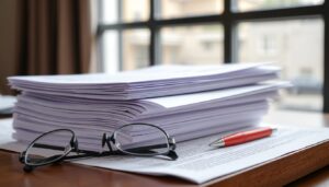 Contract documents with glasses and a red pen