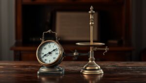 Brass balance scale tipped to one side