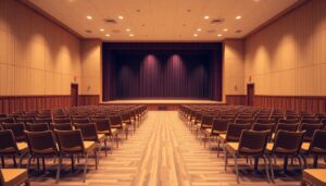 Empty meeting hall with rows of wooden chairs