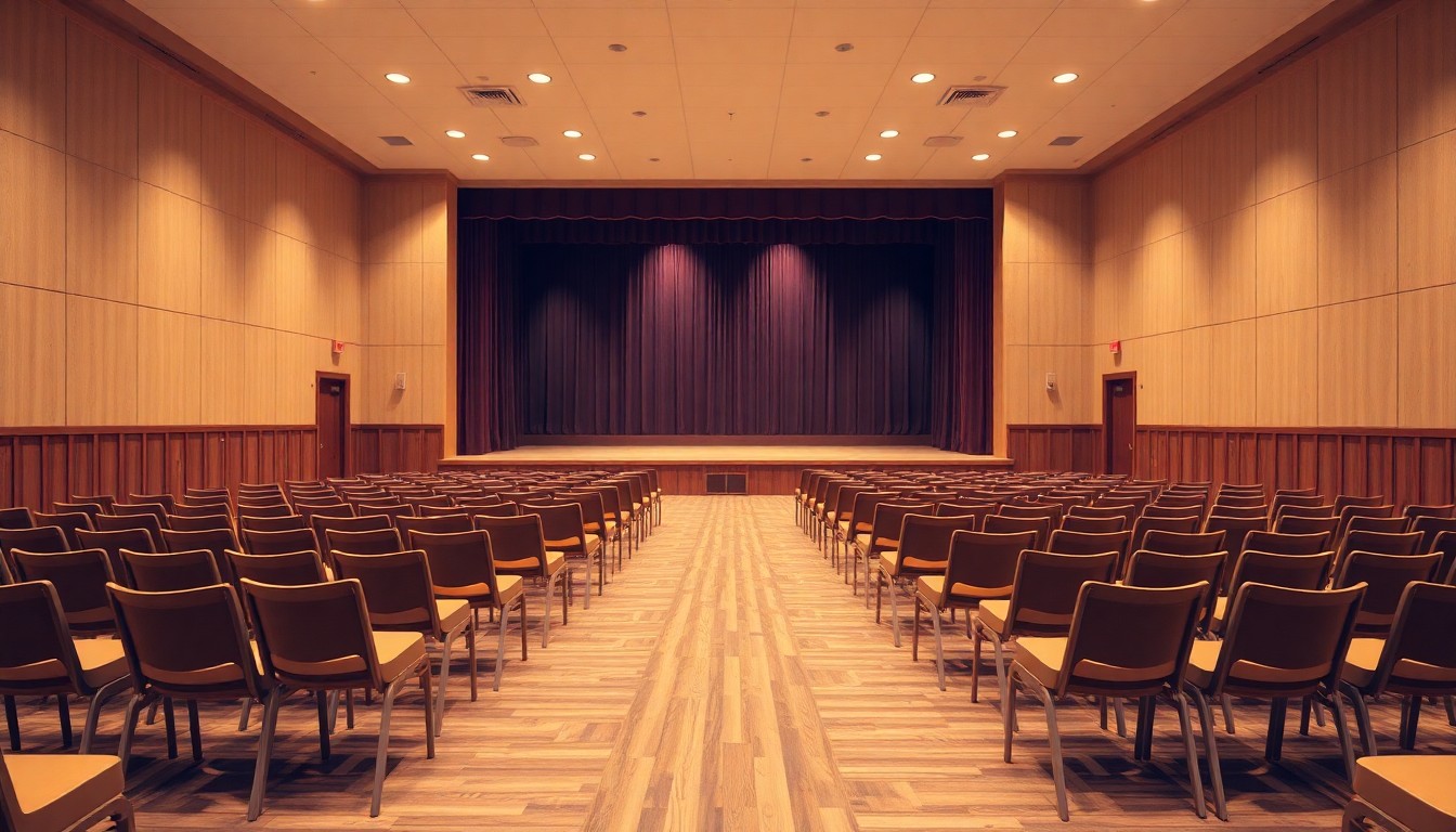 Empty meeting hall with rows of wooden chairs