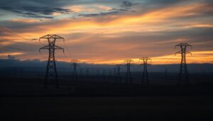 Transmission pylons across farmland at dusk